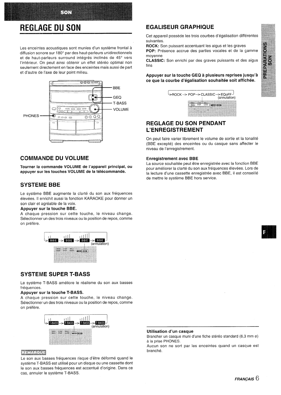 Aiwa CX-NV8000 manual Reglage Dij Son, Commainde Du Volume, Systeme Bbe, Egaliseur Graphique, Appuyer sur la touche BBE 