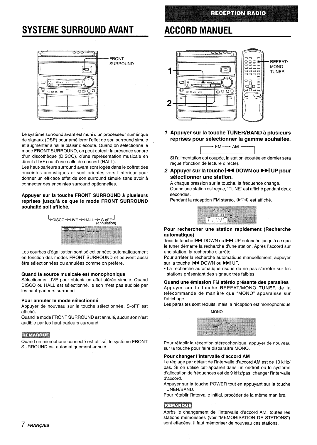 Aiwa CX-NV8000 manual Systemesurround Avant Accord Manuel, Fm - Am, Quand la source musicale est monophonique 