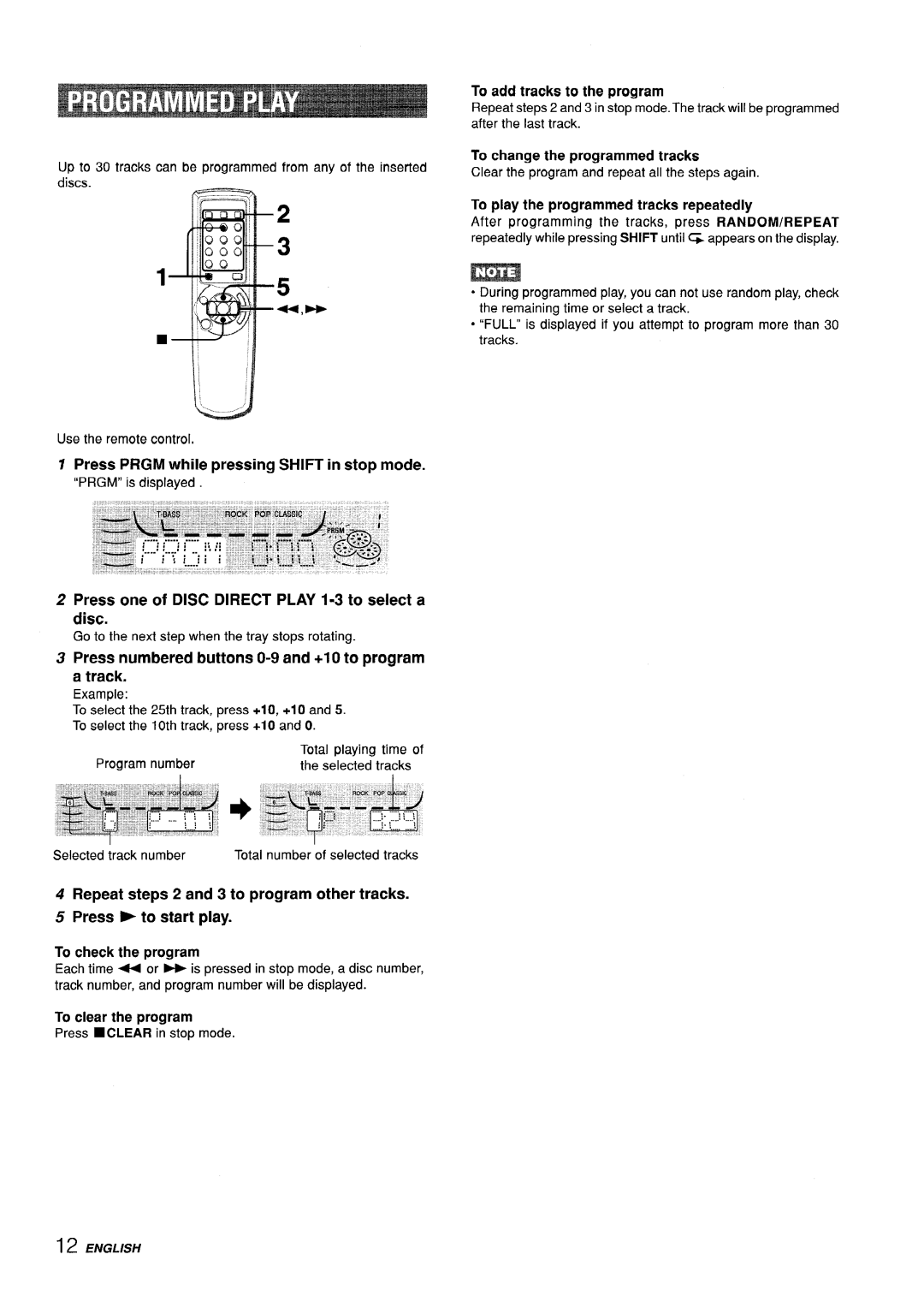 Aiwa CX-ZL10 manual Press Prgm while pressing Shift in stop mode, Press one of Disc Direct Play 1-3 to select a disc 