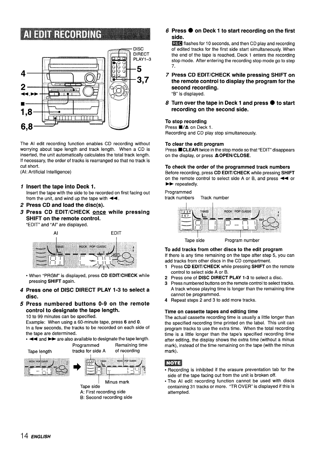 Aiwa CX-ZL10 manual Insert the tape into Deck, Press on Deck 1 to start recording on the first side 