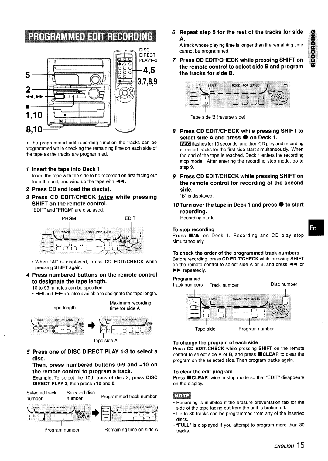 Aiwa CX-ZL10 manual To designate the tape length, Repeat for the rest of the tracks for side @ ‘,m, Prgmedit 