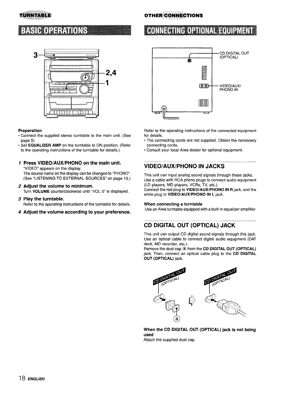 Aiwa CX-ZL10 Press VIDEO/AUX/PHONO on the main unit, Adjust the volume to minimum, CD Digital OUT Optical VIDEO/AUX Phono 