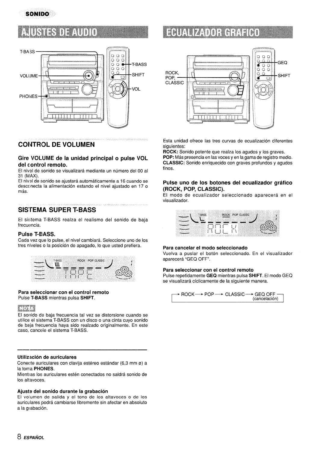 Aiwa CX-ZL10 manual Control DE Volumen, Sistema Super T-BASS, Pulse T-BASS, EEyj 