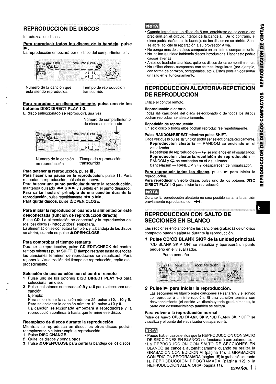 Aiwa CX-ZL10 manual Reproduction DE Discos, DE Reproduction, Reproduction CON Salto DE -‘ Secciones EN Blanco 