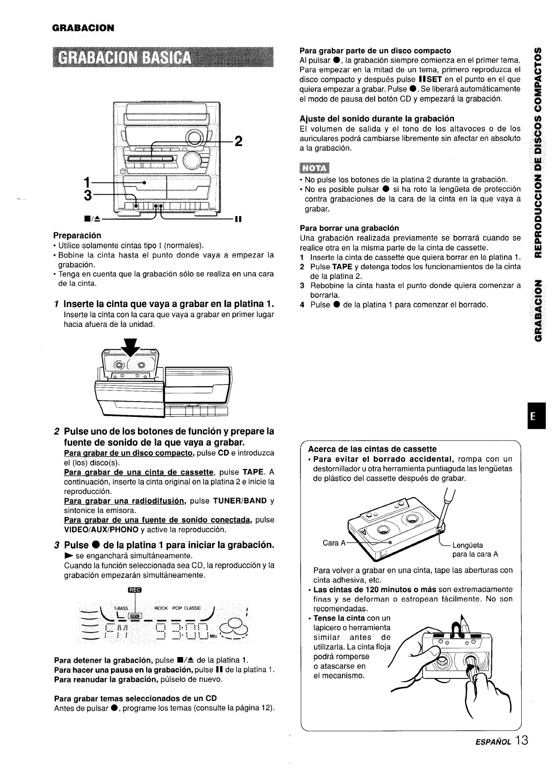 Aiwa CX-ZL10 manual Inserte la cinta que vaya a grabar en la platina, Pulse . de la platina 1 para iniciar la grabacion 