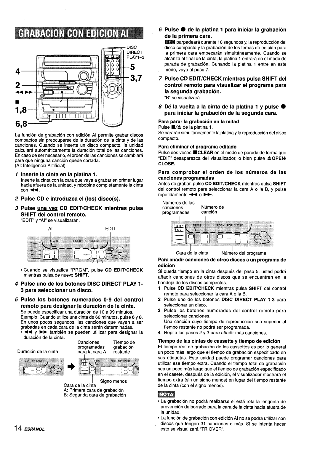 Aiwa CX-ZL10 manual Inserte la cinta en la platina, Para eliminar el programa editado, Close 