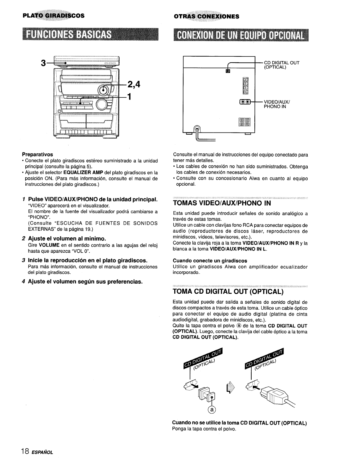 Aiwa CX-ZL10 manual Pulse VIDEO/AUX/PHONO de la unidad principal, Ajuste el volumen al minimo, CD Digital OUT Optical 