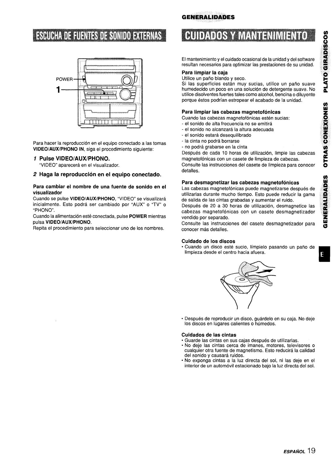 Aiwa CX-ZL10 manual Pulse VIDEO/AUXIPHONO, Haga la reproduction en el equipo conectado, GE51ERAlJDADES 