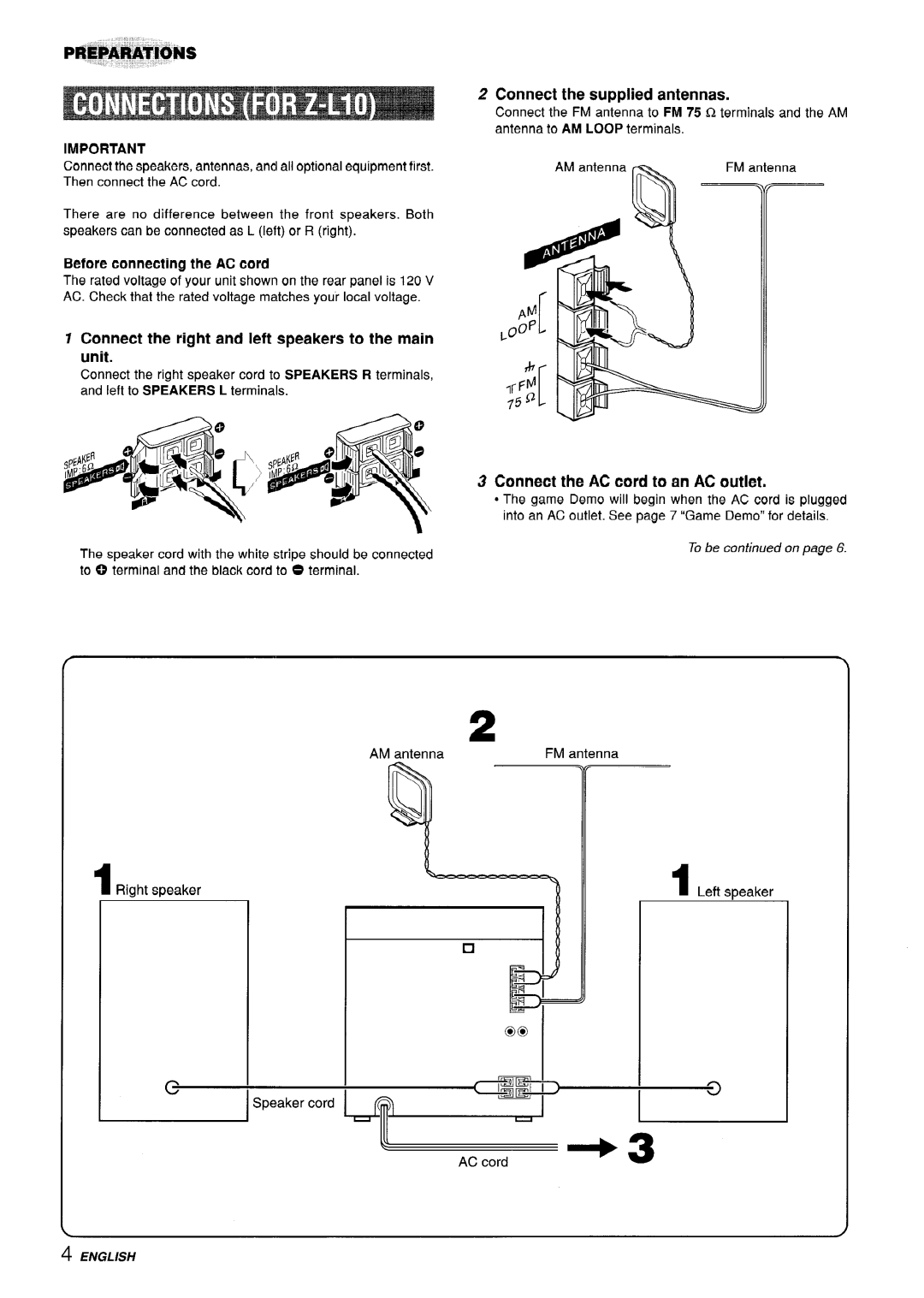 Aiwa CX-ZL10 manual PFfiipAi!AWONS, Connect thesupplied antennas, Connect the right and left speakers to the main unit, Tv? 