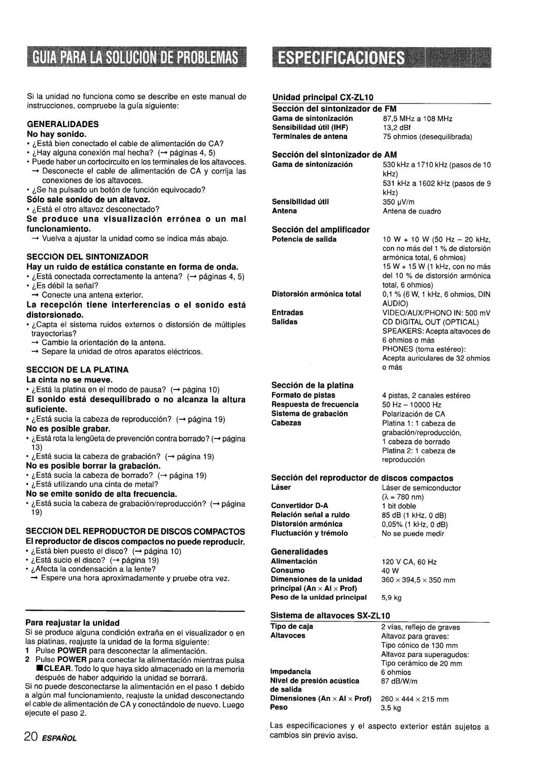 Aiwa CX-ZL10 manual Generalidades, Seccion DEL Sintonizador, Seccion DE LA Platina 