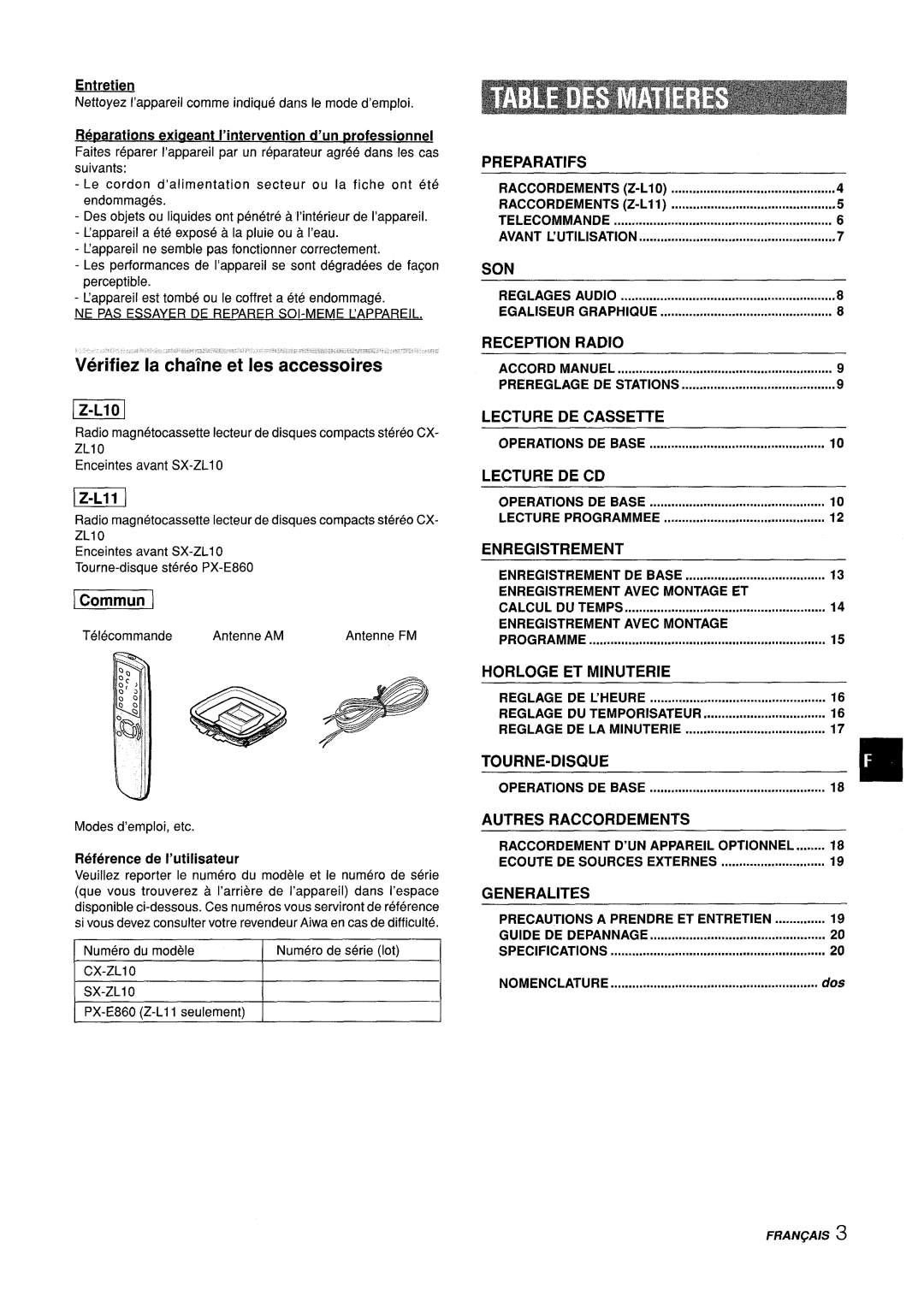 Aiwa CX-ZL10 manual NE PAS Essayer DE Reparer SOI-MEME Lappareil, CX-ZL1 O SX-ZLIO, Raccordements Z-LIO RACCORDEMENTSZ-L11 