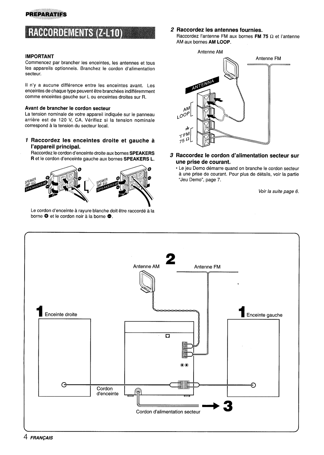 Aiwa CX-ZL10 manual Raccordez Ies antennes fournies, Voir /a suite 