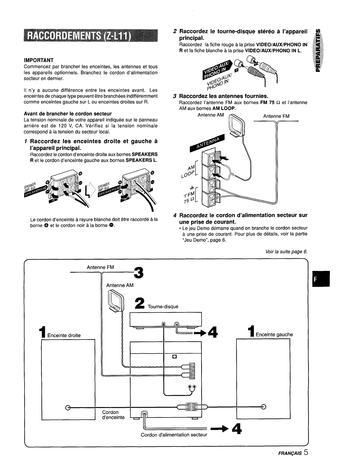 Aiwa CX-ZL10 Flaccordez Ie tourne-disque stereo a I’appareil principal, Raccordez Ie cordon d’alimentation secteur sur 