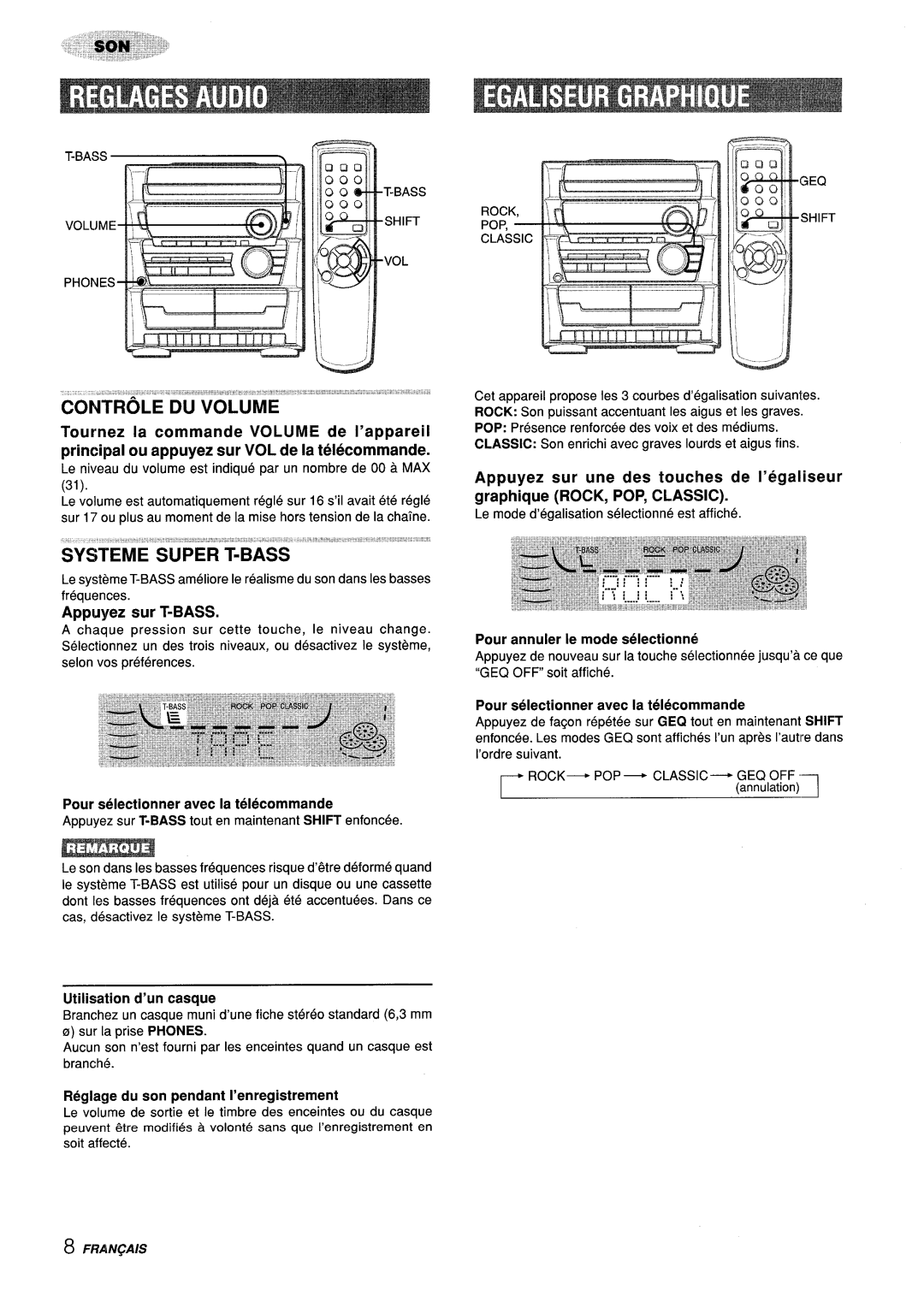 Aiwa CX-ZL10 manual Appuyez sur T-BASS, Pour selectionner avec la telecommande, Utilisation d’un casque 