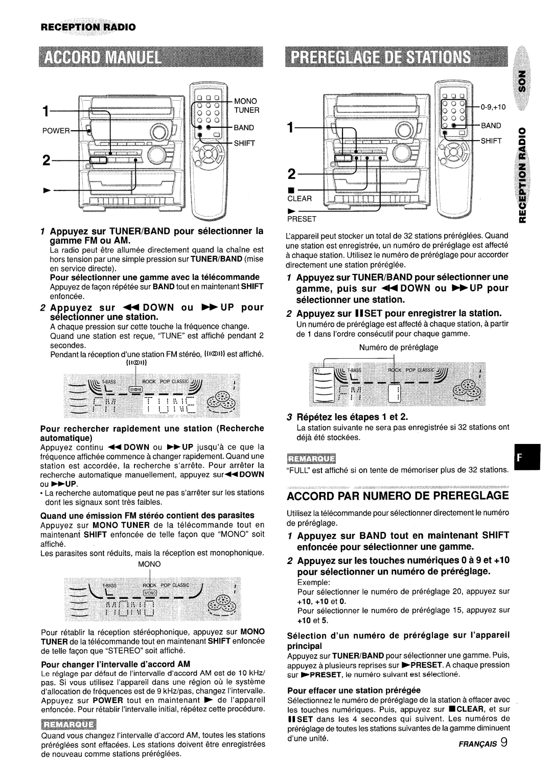 Aiwa CX-ZL10 manual Accord PAR Numero DE Prereglage, Appuyez sur TUNER/BAND pour selectionner la gamme FM ou AM, ~~‘ 