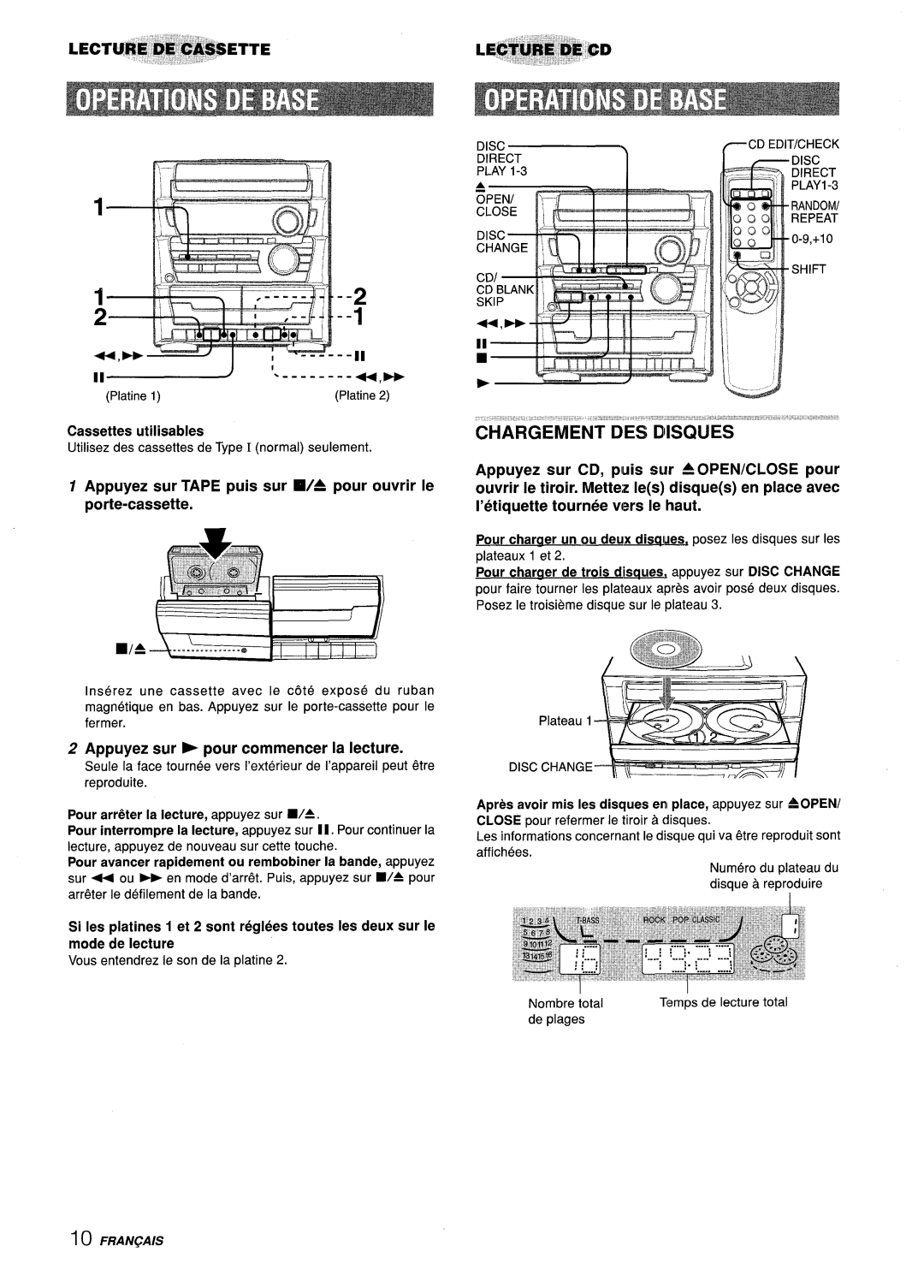 Aiwa CX-ZL10 manual Appuyez sur Tape puis sur /4 pour ouvrir Ie porte-cassettei, Appuyez sur b pour commencer la lecture 