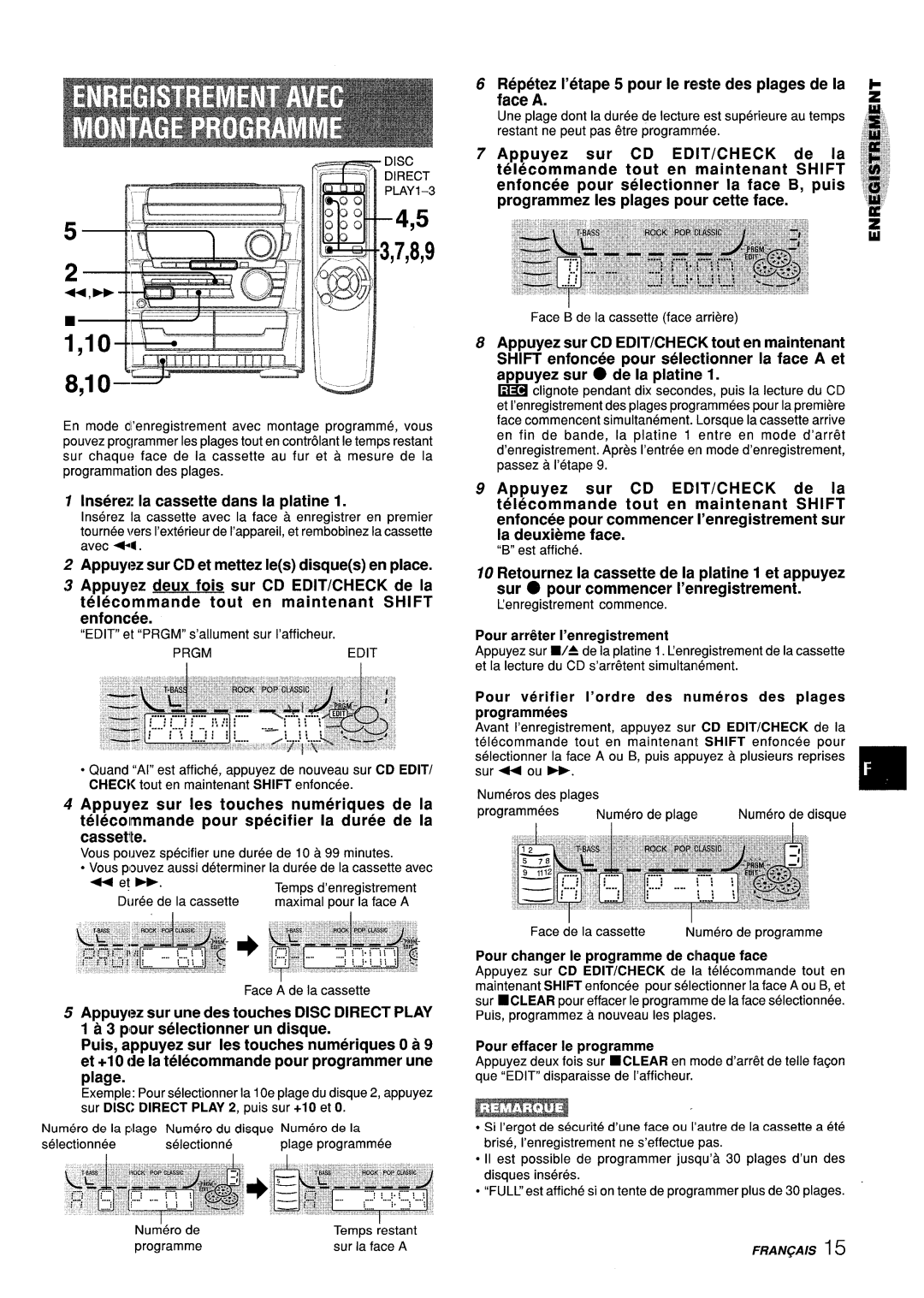 Aiwa CX-ZL10 manual Inserez la cassette clans la platine, Plage, Repetez I’etape 5 pour Ie reste des plages de la face a 