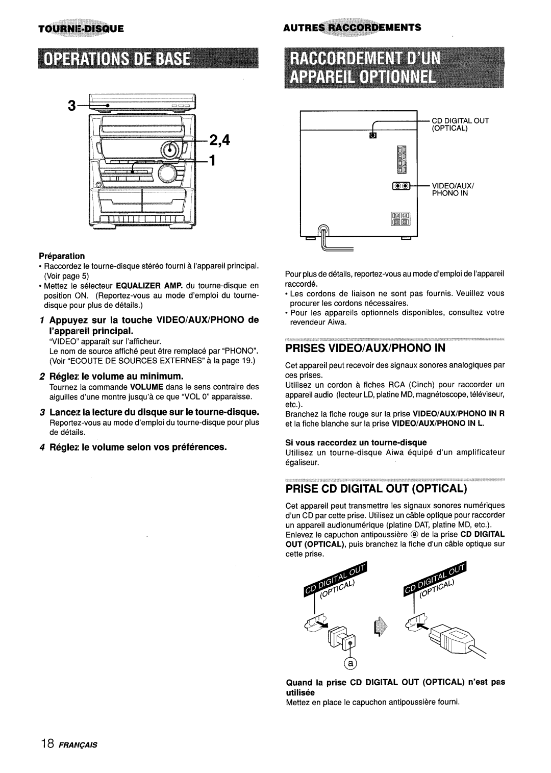 Aiwa CX-ZL10 manual Preparation, Reglez Ie volume au minimum, Lancez la lecture du disque sur Ie tourne-disque 