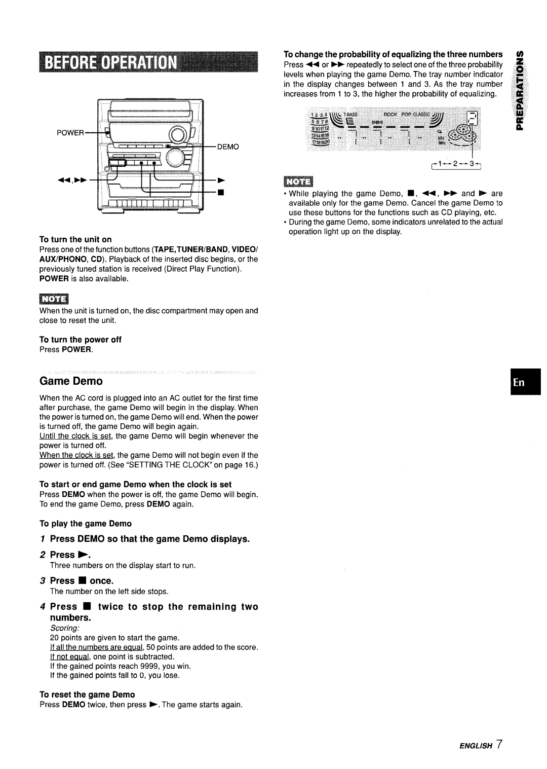 Aiwa CX-ZL10 To turn the unit on, Press Demo so that the game Demo displays Press E, Press once, To reset the game Demo 