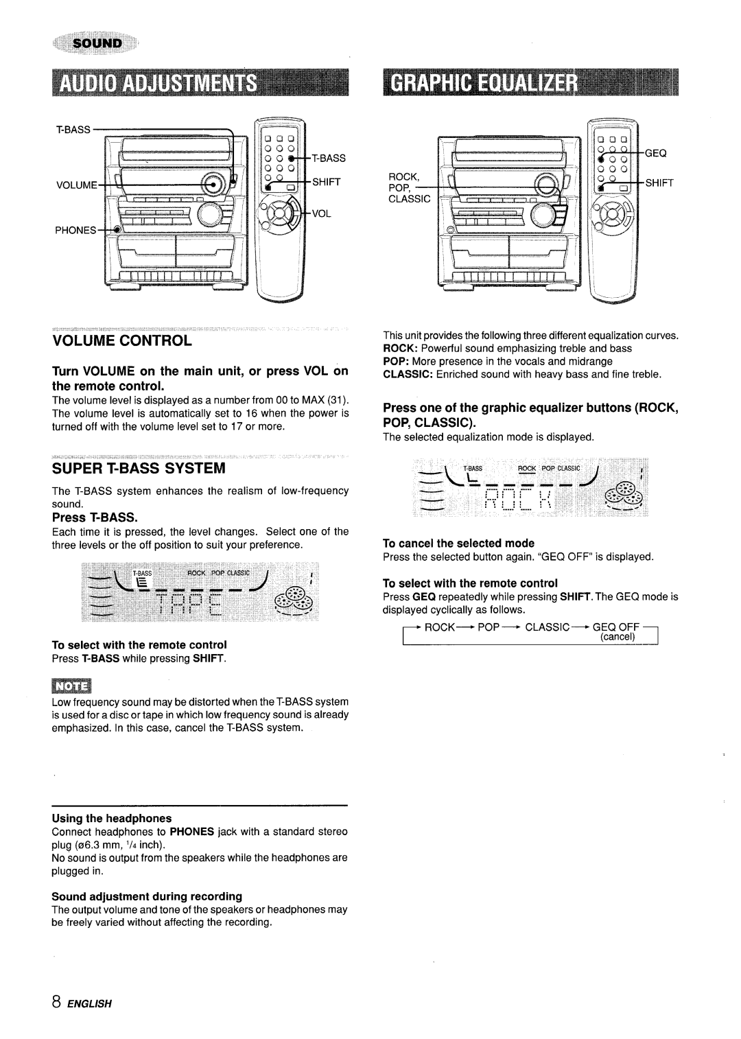 Aiwa CX-ZL10 manual Sound adjustment during recording, To cancel the selected mode, Rock, Classic 