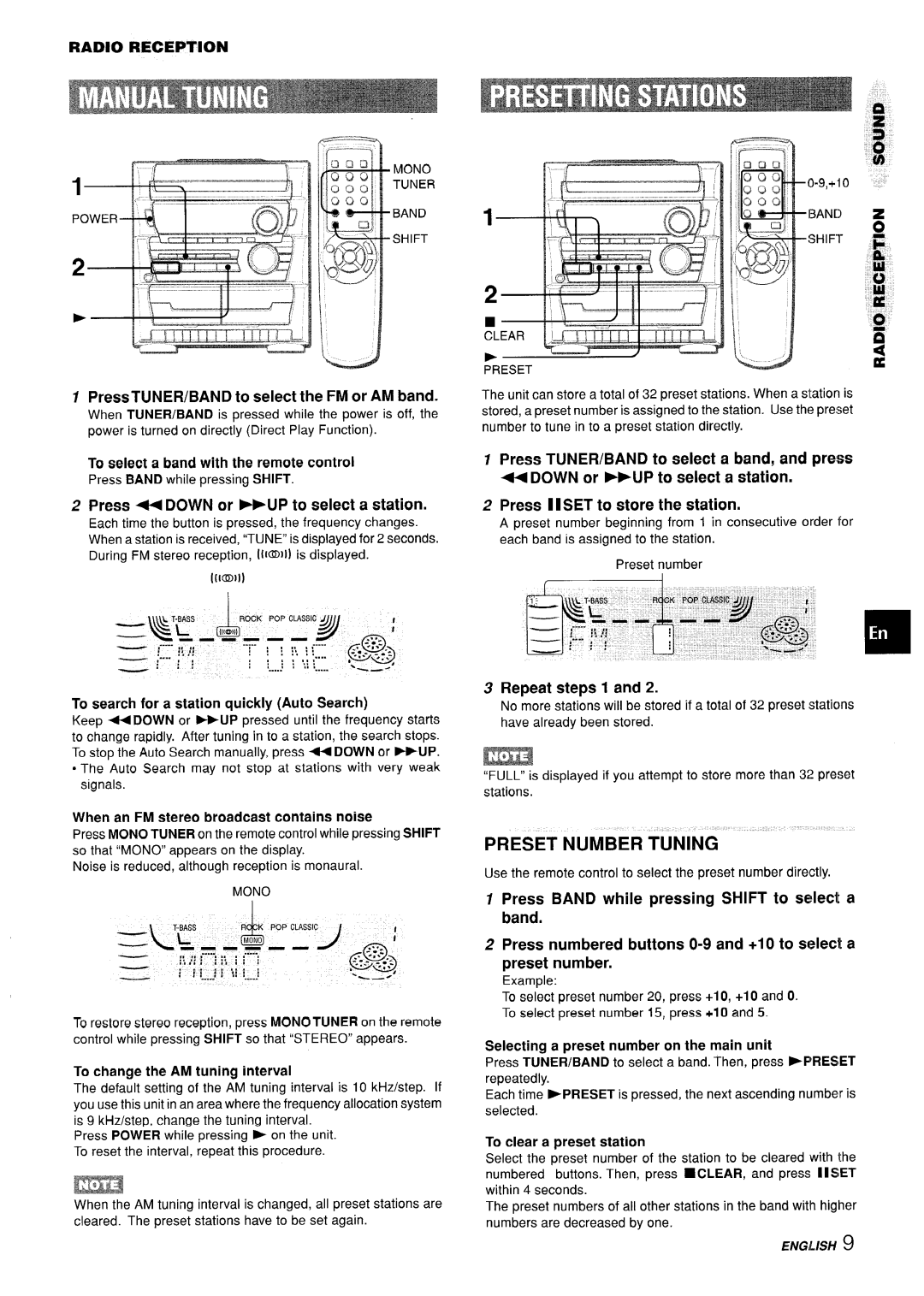 Aiwa CX-ZL10 manual PressTUNER/BAND to select the FM or AM band, Press 4 Down or -UP to select a station, Repeat steps 1 