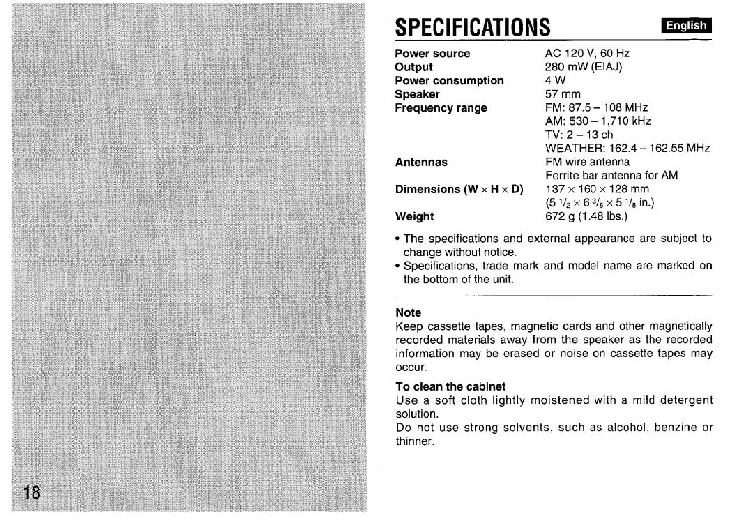 Aiwa FR-A308U manual Specifications 