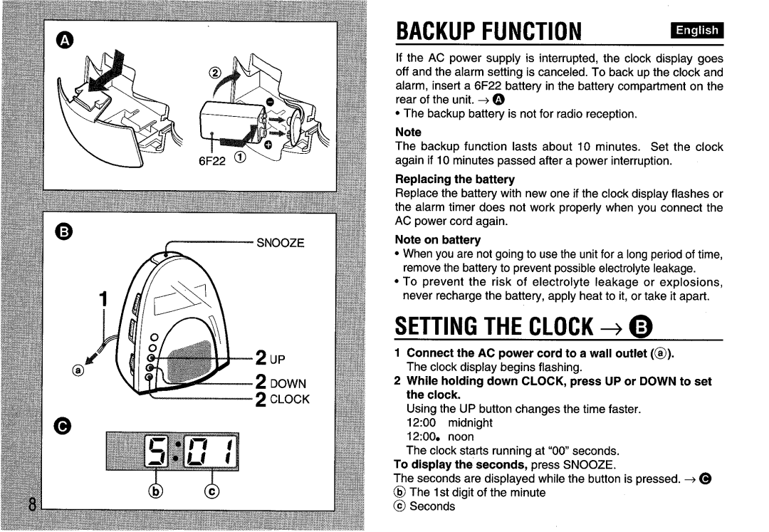 Aiwa FR-A308U manual Backup FUNCTIONmm, Setting the Clock +6 