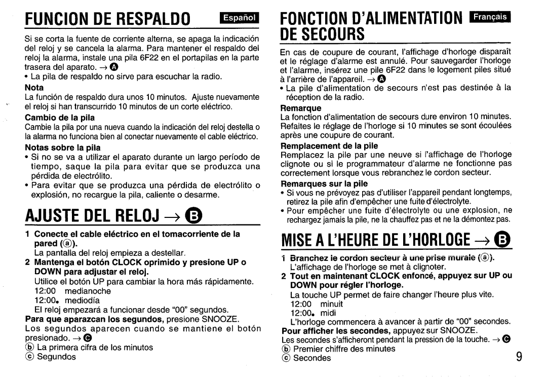 Aiwa FR-A308U manual Funcion DE Respaldo, Ajuste DEL Reloj + @, Fonction D’ALIMENTATION DE Secours 