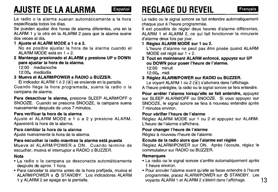 Aiwa FR-A308U manual Ajuste De La Alarma, Reglage Du Reveil, Ecoute de la radio alors que I’alarme est reglee 