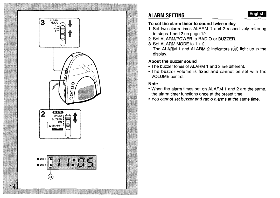 Aiwa FR-A308U manual Alarm Setting, To set the alarm timer to sound twice a day 