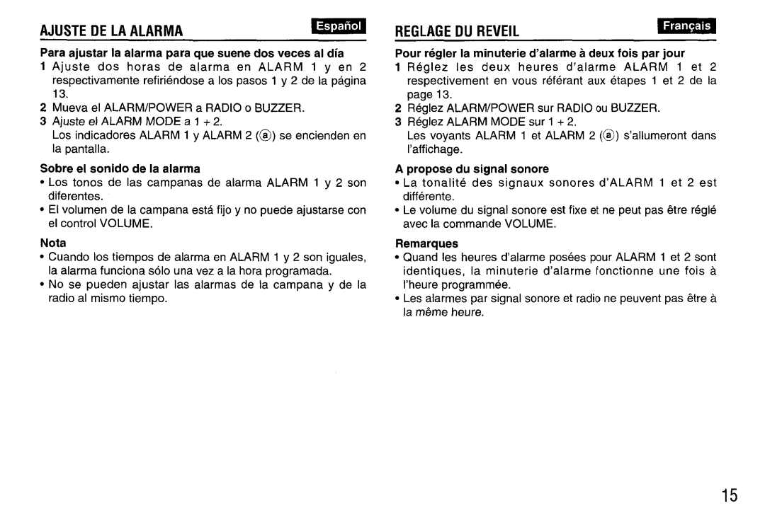 Aiwa FR-A308U manual Ajuste De La Alarma, Reglage Du Reveil, Para ajuatar la alarma para que suene dos veces al dia, Nota 
