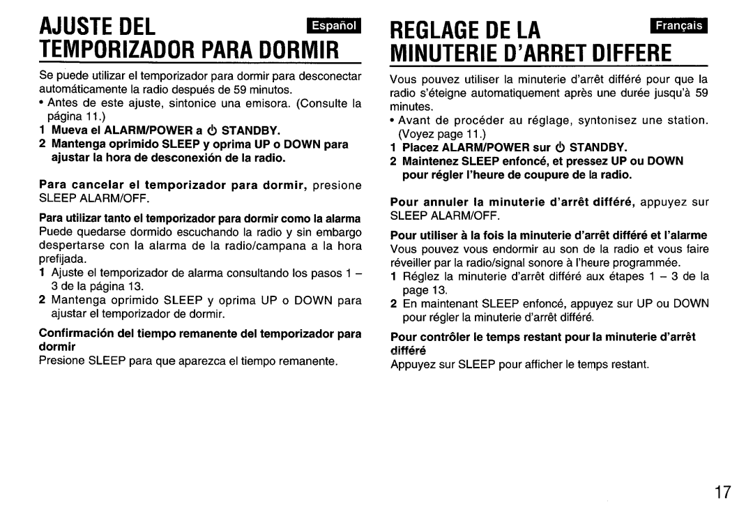 Aiwa FR-A308U manual Ajuste Del Temporizador Para Dormir, Reglage De La Minuterie D’Arret Differe, Sleep Alarm/Off 