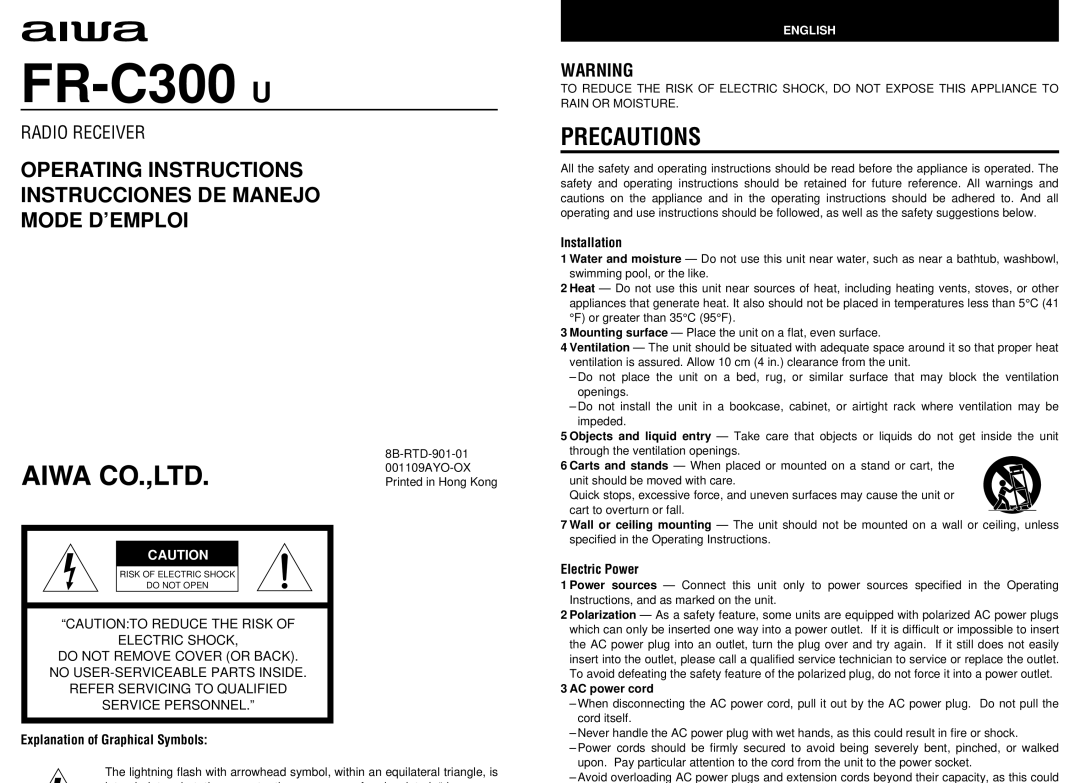 Aiwa FR-C300 user service Precautions, Explanation of Graphical Symbols, Installation, Electric Power 