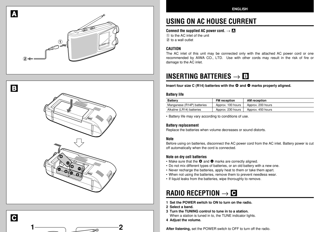 Aiwa FR-C300 user service Using on AC House Current, Inserting Batteries → B, Radio Reception → C 