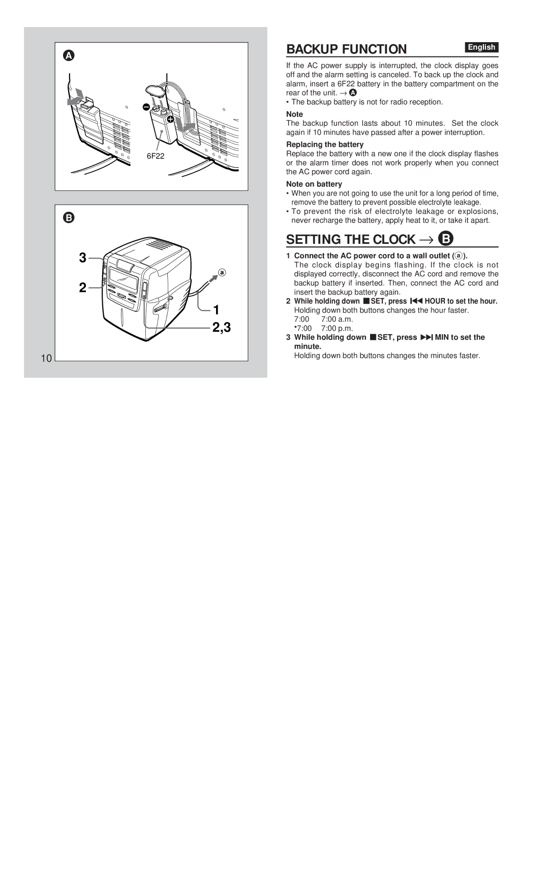 Aiwa FR-CD1500 Backup Function, Setting the Clock → B, Replacing the battery, Connect the AC power cord to a wall outlet a 