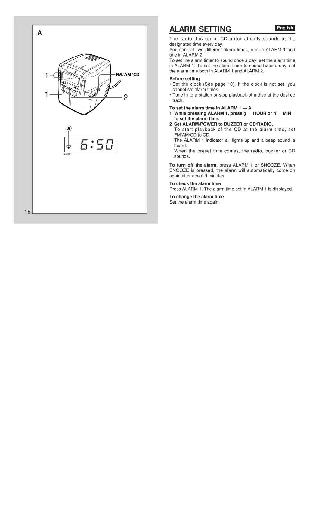 Aiwa FR-CD1500 manual Alarm Setting, Before setting, To check the alarm time, To change the alarm time 