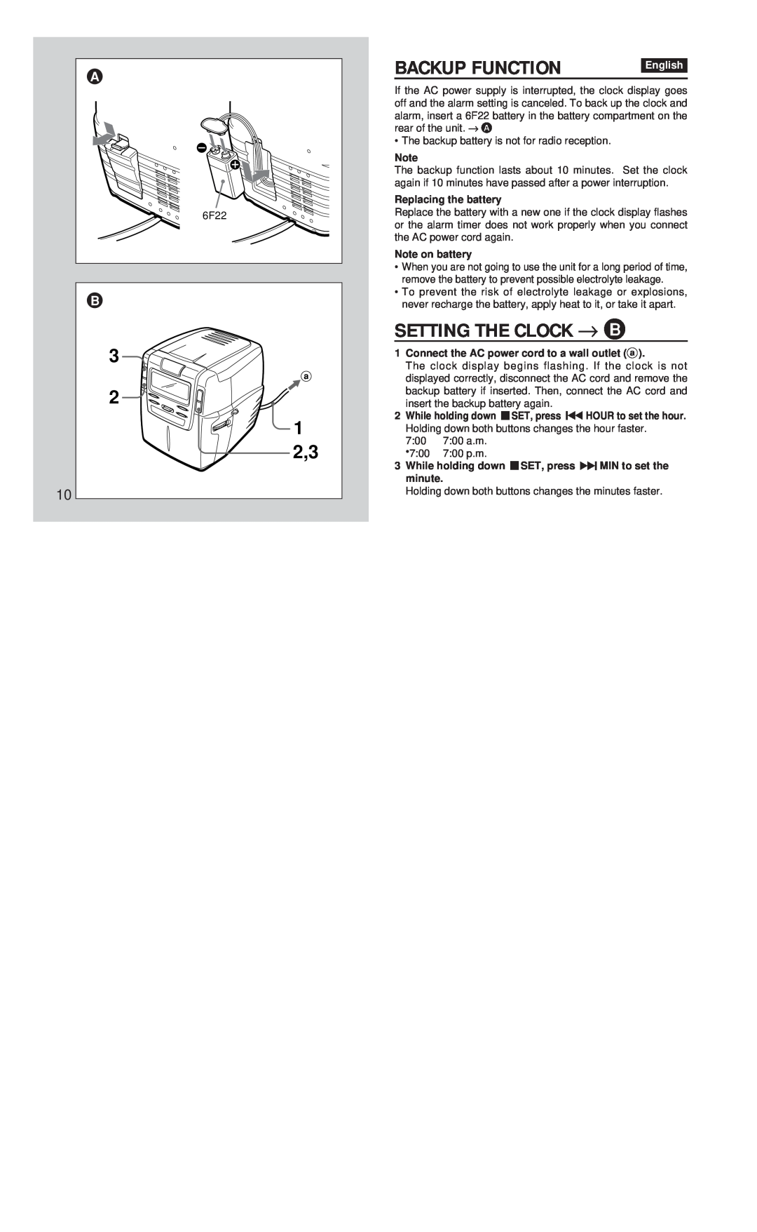 Aiwa FR-CD1500 manual Backup Function, Setting The Clock → B, 3 2 1 2,3 