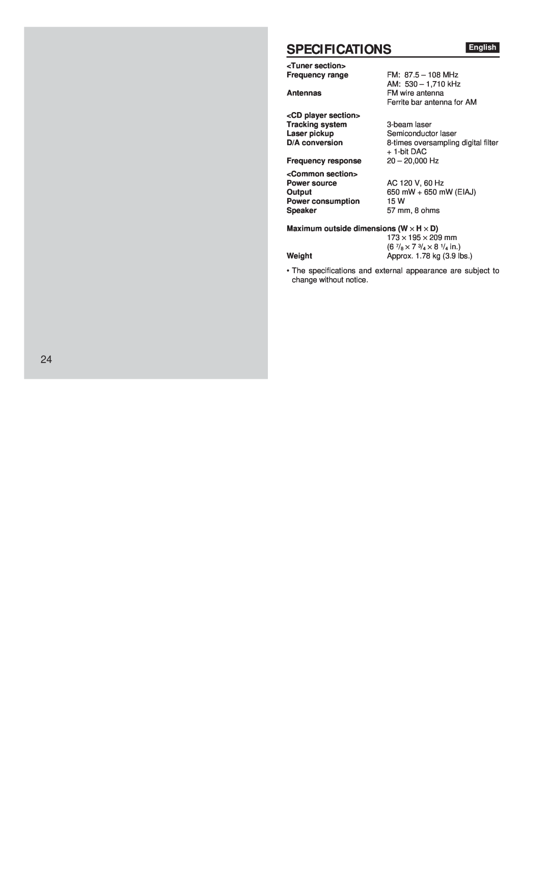 Aiwa FR-CD1500 manual Specifications, English 