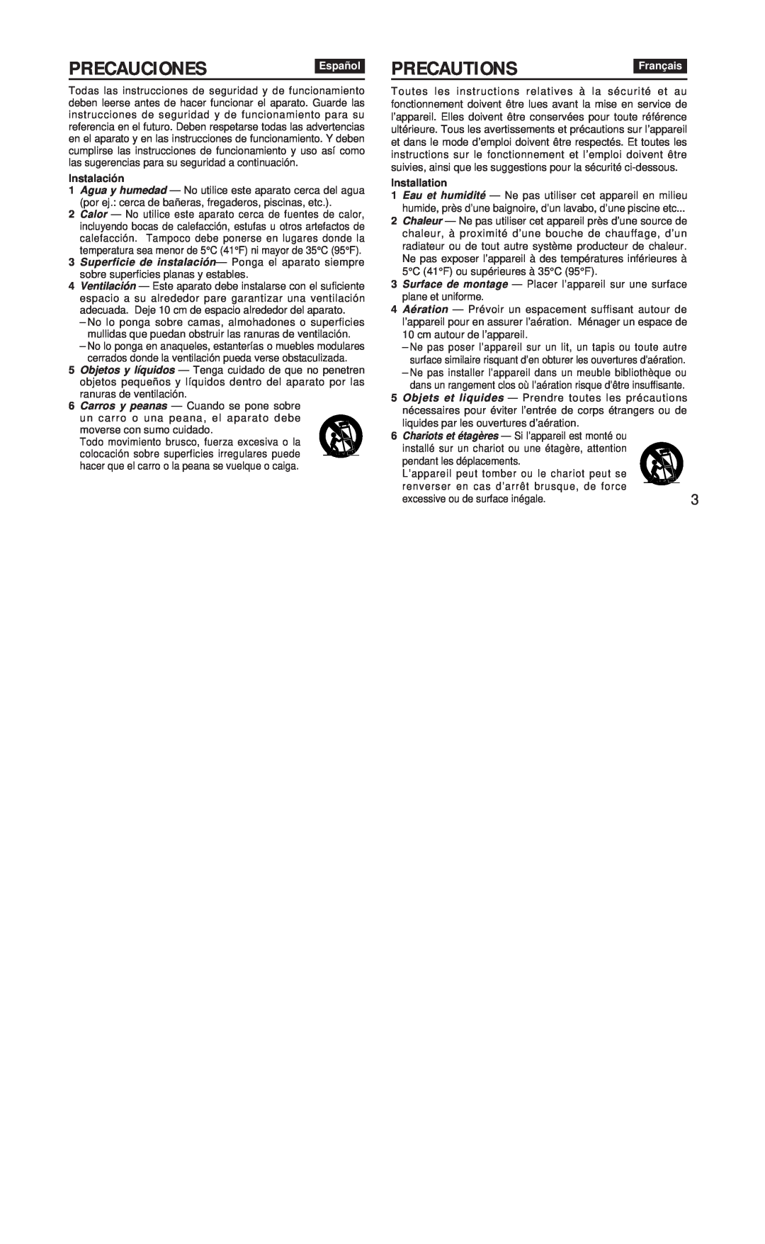 Aiwa FR-CD1500 manual Precauciones, Precautions, Español, Français, Instalación, Installation 