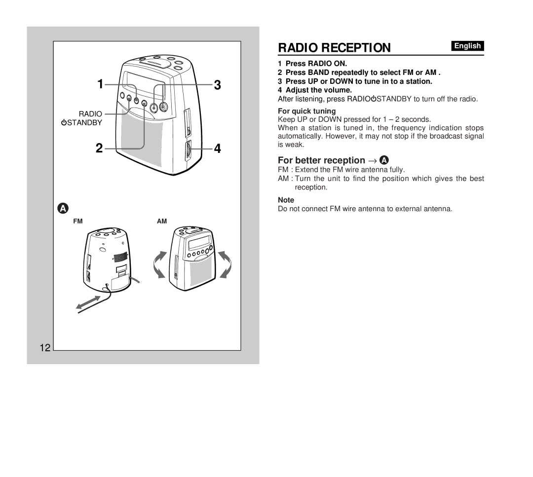 Aiwa FR-DA400 operating instructions Radio Reception, For better reception → a, For quick tuning 