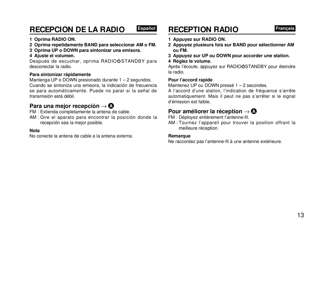 Aiwa FR-DA400 Reception Radio, Para una mejor recepción → a, Pour améliorer la réception → a, Para sintonizar rápidamente 