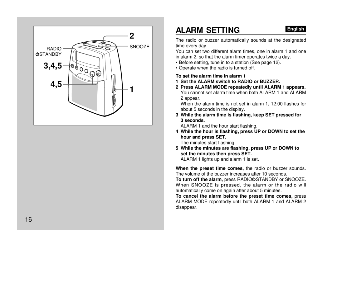 Aiwa FR-DA400 operating instructions Alarm Setting, Alarm 1 lights up and alarm 1 is set 