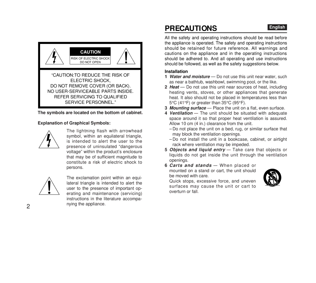 Aiwa FR-DA400 operating instructions PRECAUTIONSEnglish, Installation 