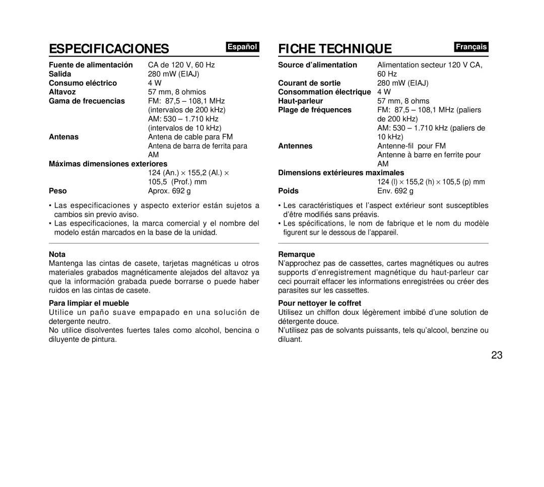 Aiwa FR-DA400 operating instructions Fiche Technique 