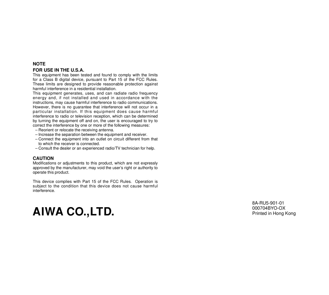 Aiwa FR-DA400 operating instructions For USE in the U.S.A 