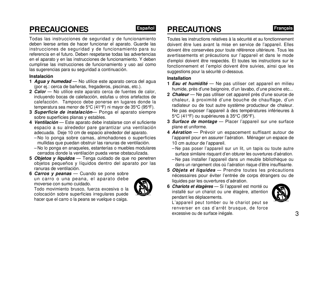 Aiwa FR-DA400 operating instructions Precauciones, Precautions, Instalación 