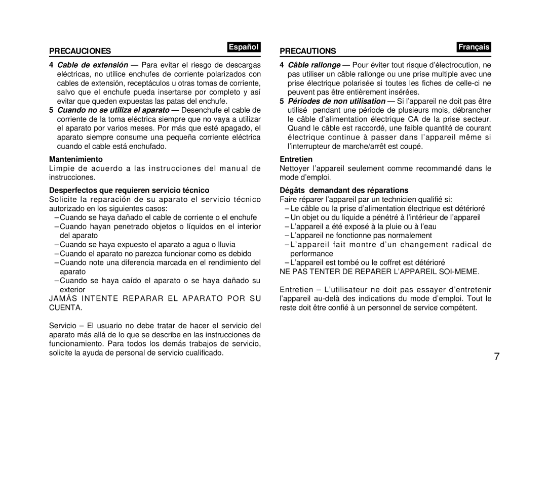 Aiwa FR-DA400 Mantenimiento, Desperfectos que requieren servicio técnico, Entretien, Dégâts demandant des réparations 