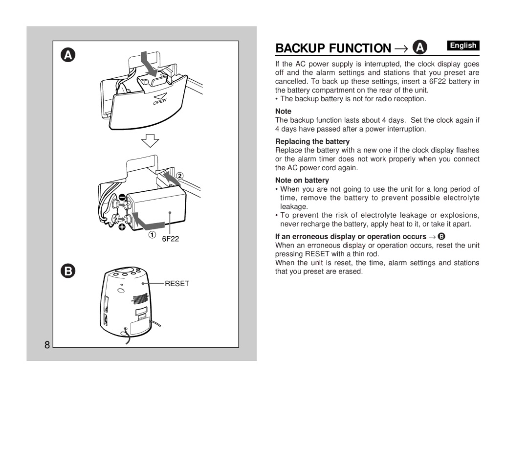 Aiwa FR-DA400 operating instructions Replacing the battery, If an erroneous display or operation occurs → B 