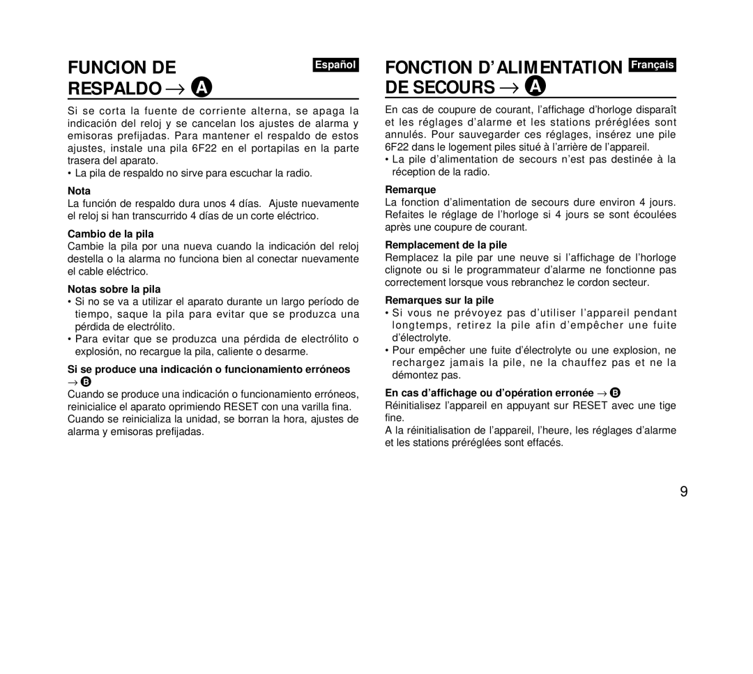 Aiwa FR-DA400 operating instructions Funcion DE, Respaldo → a, DE Secours → a 