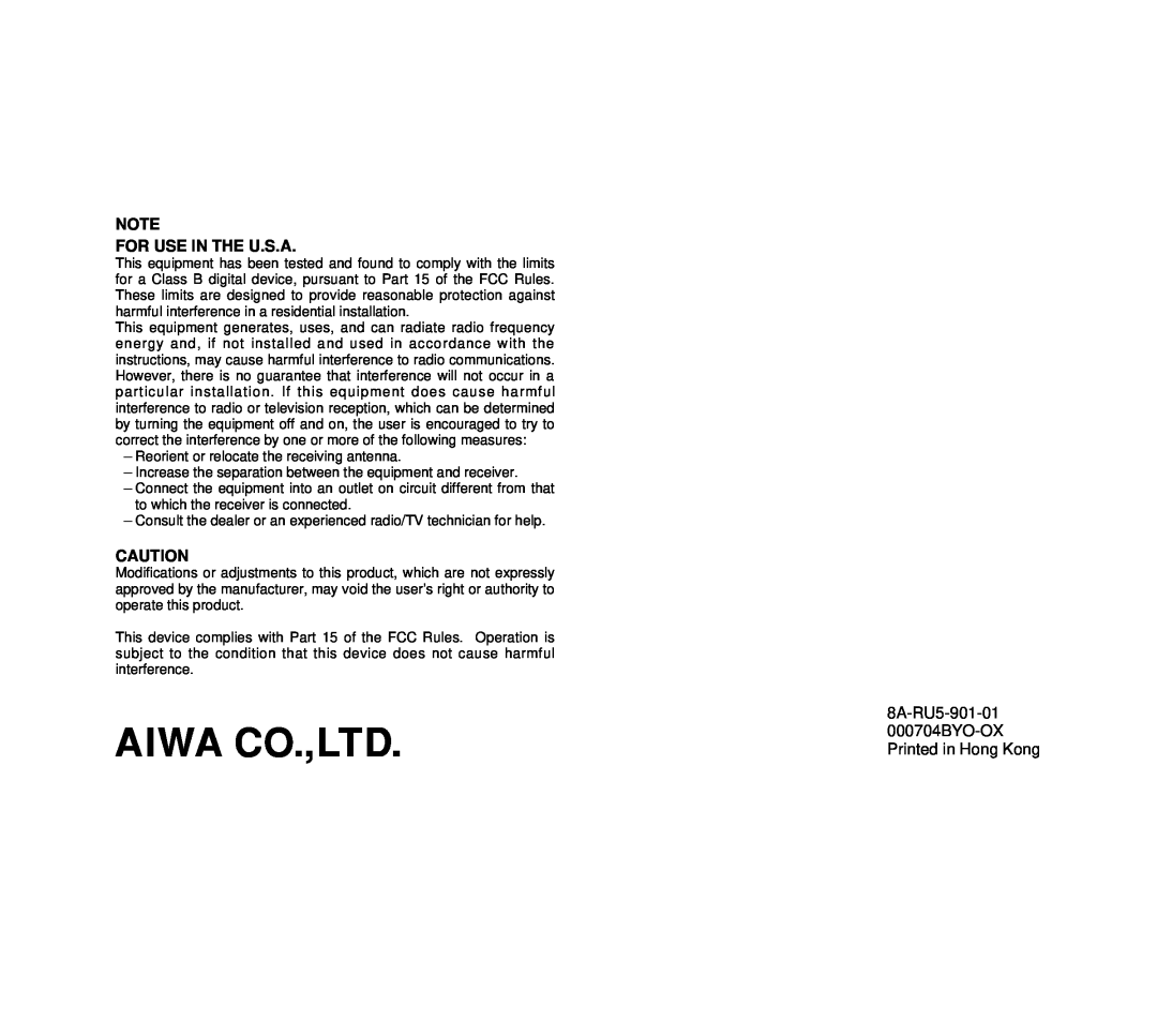 Aiwa FR-DA400 operating instructions For Use In The U.S.A 